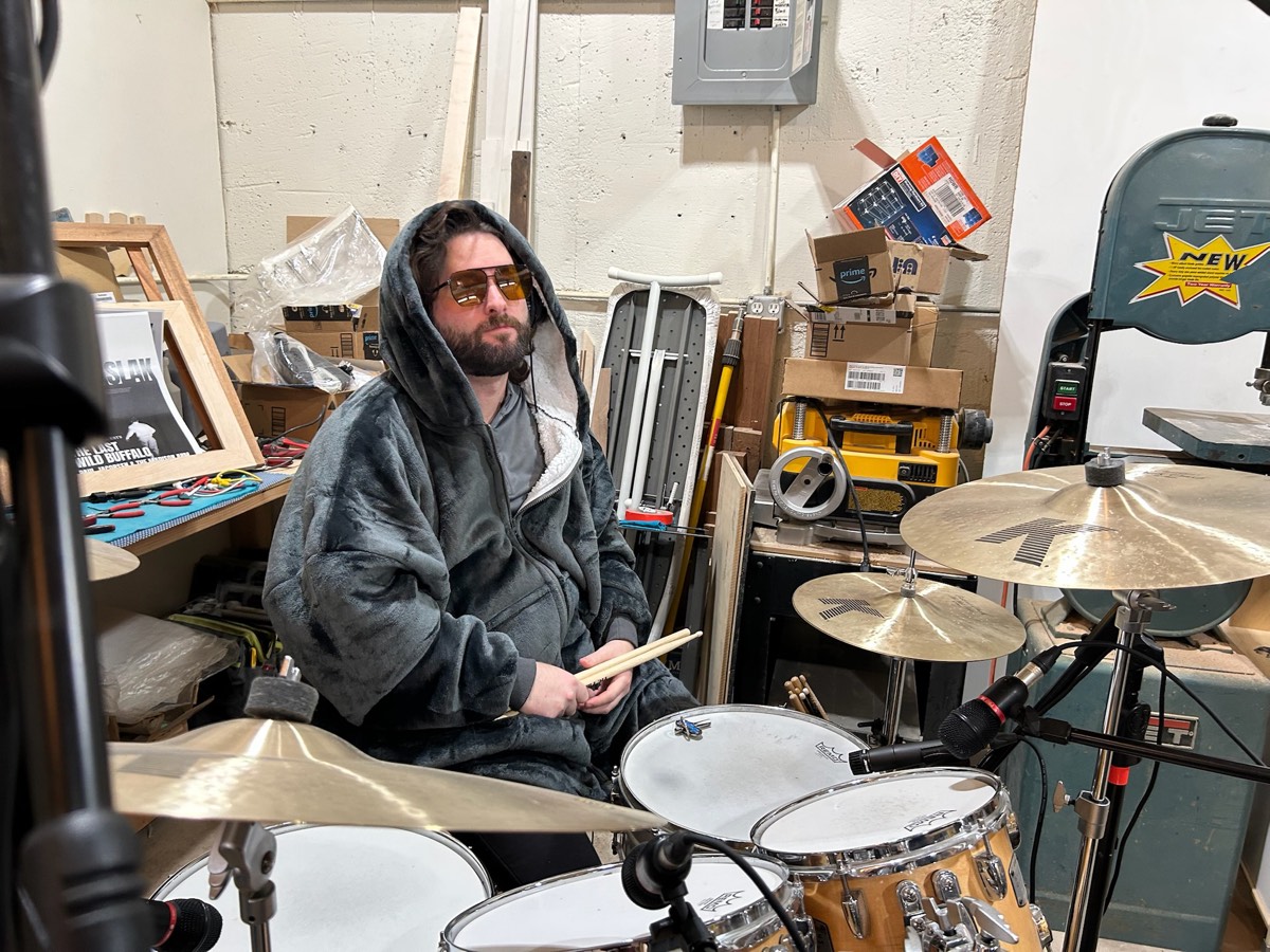 Behind the drum kit