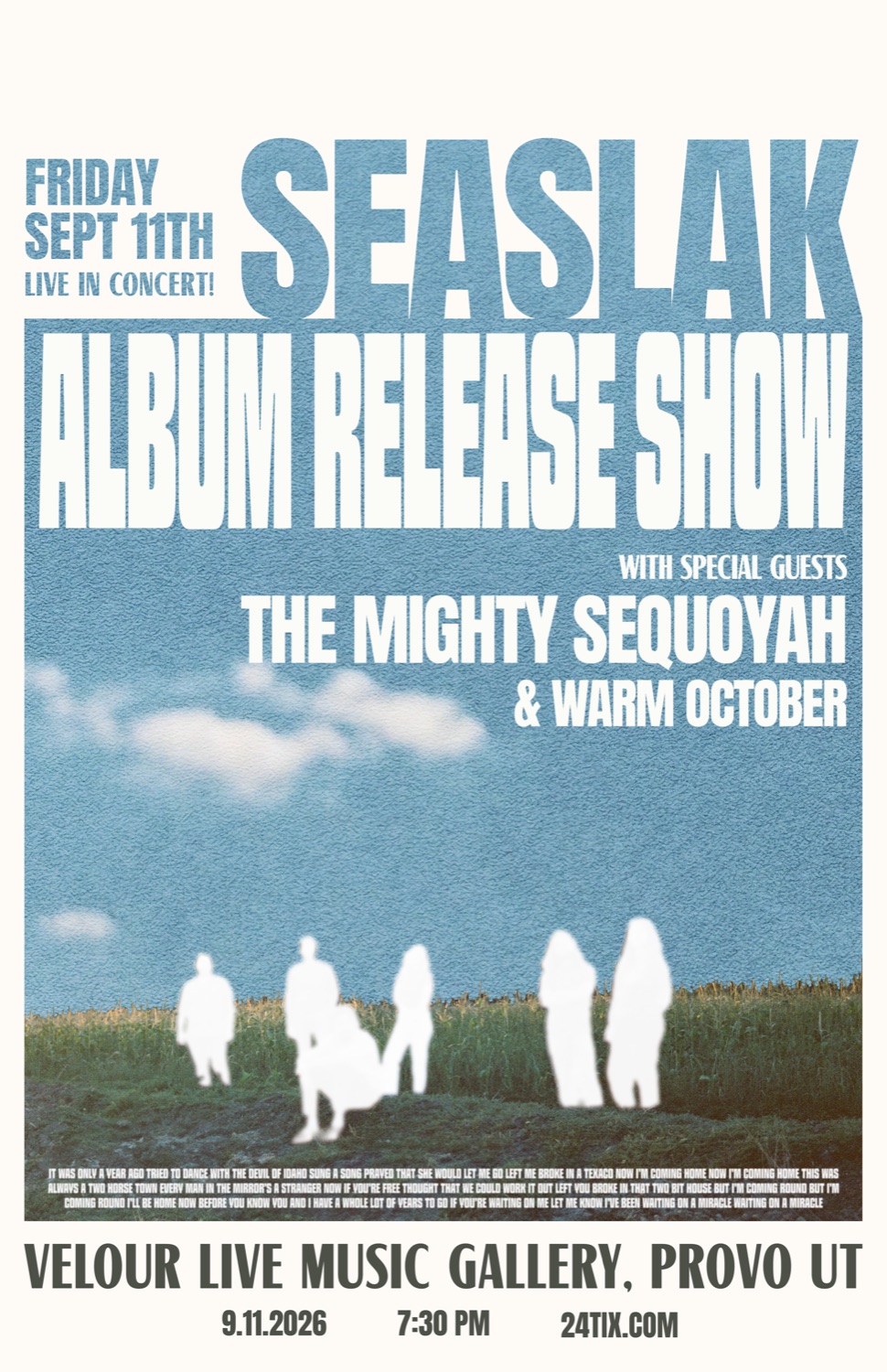 Show poster: Seaslak album release show, Friday September 11th at Velour Live Music Gallery, Provo UT, 7:30 PM, with special guests The Mighty Sequoyah and Warm October